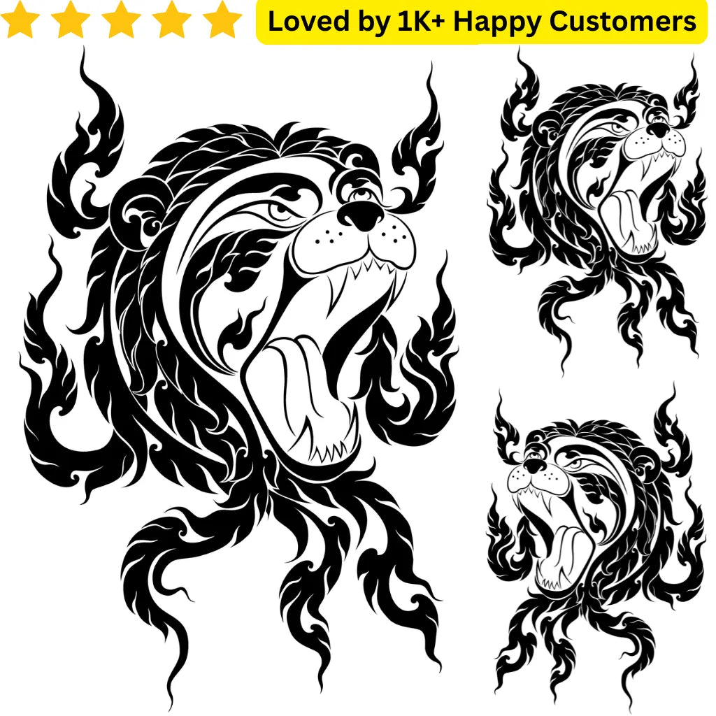 Black tribal lion designs on a white background with text 'Loved by 1K+ Happy Customers'. TeMaRo™ Spirit Tattoos for Guys - King of the Beasts