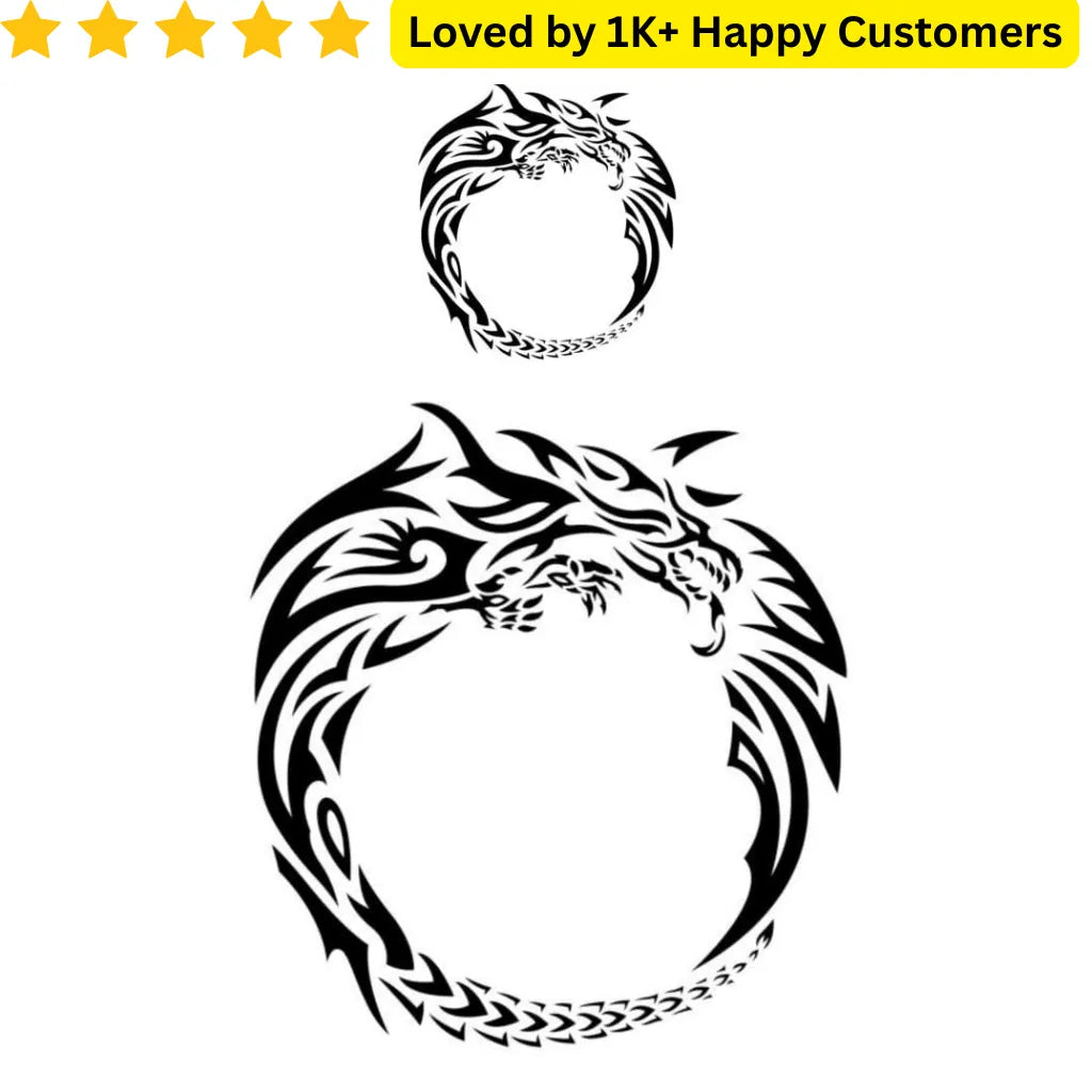 Tattoo design of a dragon in a circular pattern with a brand logo above on a white background. TeMaRo™ 2024 Tribal Tattoo Shop - Dragon Instant Stickers