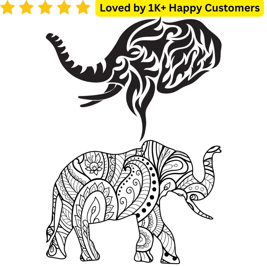 Decorative elephant design with intricate patterns on a white background, featuring text 'Loved by 1K+ Happy Customers'. Instant Tribal Tattoo Elephant