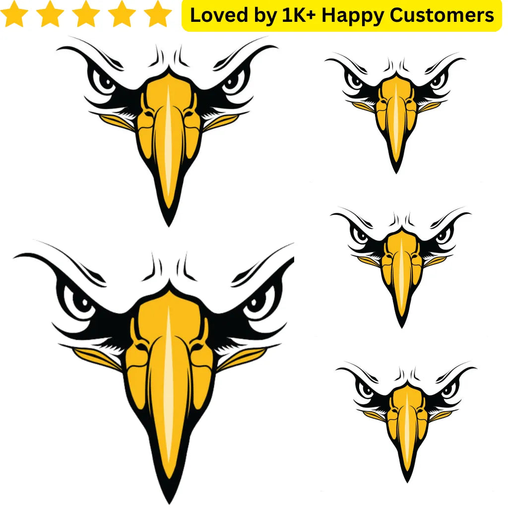 Five stylized eagle head designs with yellow beaks and black feathers on a white background, accompanied by text 'Loved by 1K+ Happy Customers'. TeMaRo™ Men Tattoo Ideas - Eagle
