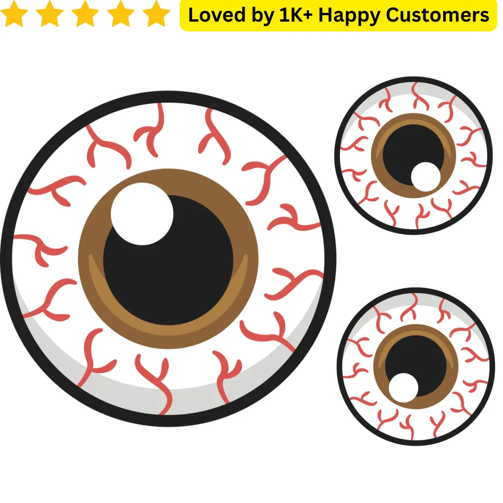 Illustration of a detailed eye with blood vessels, surrounded by smaller versions and text about customer satisfaction. TeMaRo™ Bloody Eyeball Tattoo Male