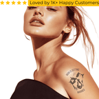 Woman with a tattoo on her arm and a yellow banner with text above her. Tattoo Sticker Custom – Your Design, Your Impact