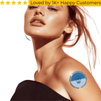 Woman with glowing skin and a brand logo on her arm against a white background. Tattoo Sticker Custom – Your Design, Your Impact