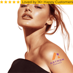 Woman with 'Astron Energy' logo on her arm against a white background. Tattoo Sticker Custom – Your Design, Your Impact