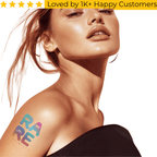 Woman with a tattoo on her shoulder and 'RARE' branding, with text 'Loved by 1K+ Happy Customers' above. Tattoo Sticker Custom – Your Design, Your Impact