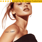 Woman with a tattoo on her shoulder against a white background, featuring text about customer love. Tattoo Sticker Custom – Your Design, Your Impact