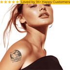 Woman with 'Panther Punch' tattoo on shoulder against a white background. Tattoo Sticker Custom – Your Design, Your Impact