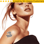 Woman with a tattoo on her shoulder and 'Panther Punch' logo, with text 'Loved by 1K+ Happy Customers' above. Tattoo Sticker Custom – Your Design, Your Impact