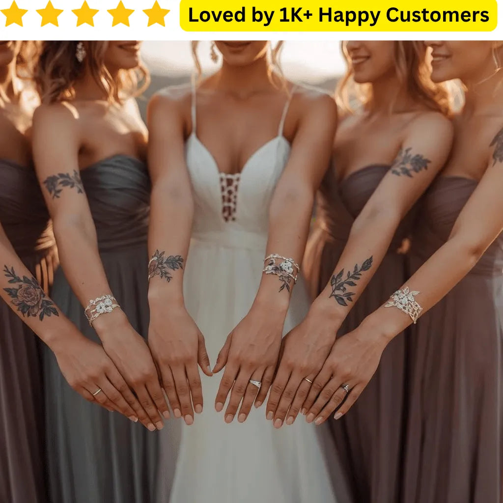 Group of women with tattoos and jewelry holding hands, wearing dresses. Test your wedding ring design with a temporary tattoo before making it permanent.