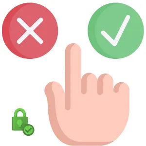 Hand pointing to a green check mark with a red cross and green lock icon on a white background. Pick Your Temporary Tattoo Format & Size
