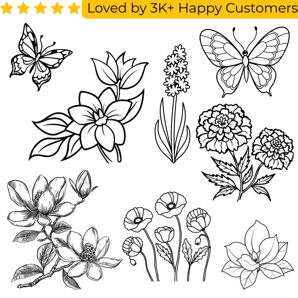 Black and white line art of flowers and butterflies on a white . Affordable and Stylish Fake Tattoos for Every Occasion in Cape Town background.