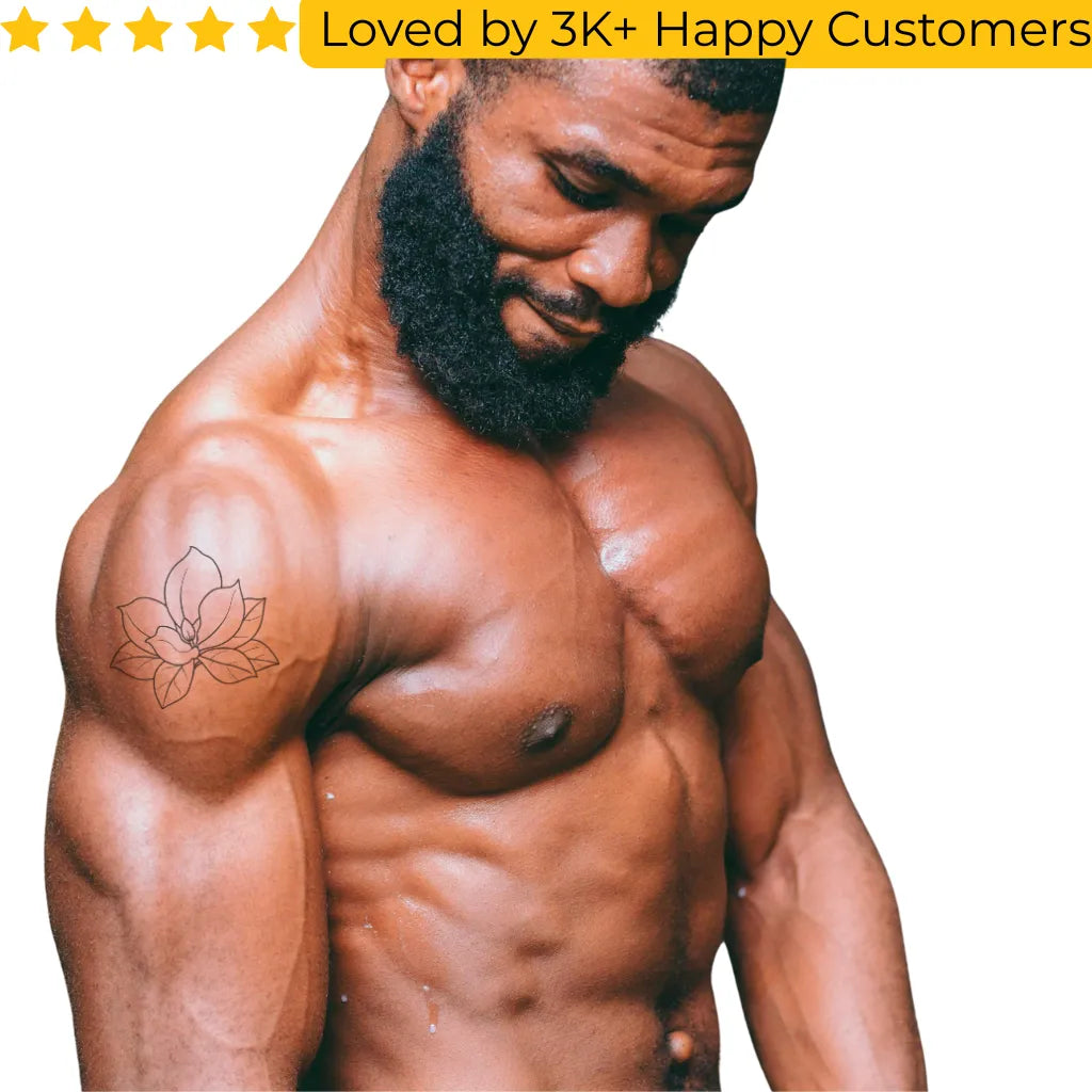 Muscular man with a tattoo on his shoulder, with text 'Loved by 3K+ Happy Customers' above. Affordable and Stylish Fake Tattoos for Every Occasion in Cape Town
