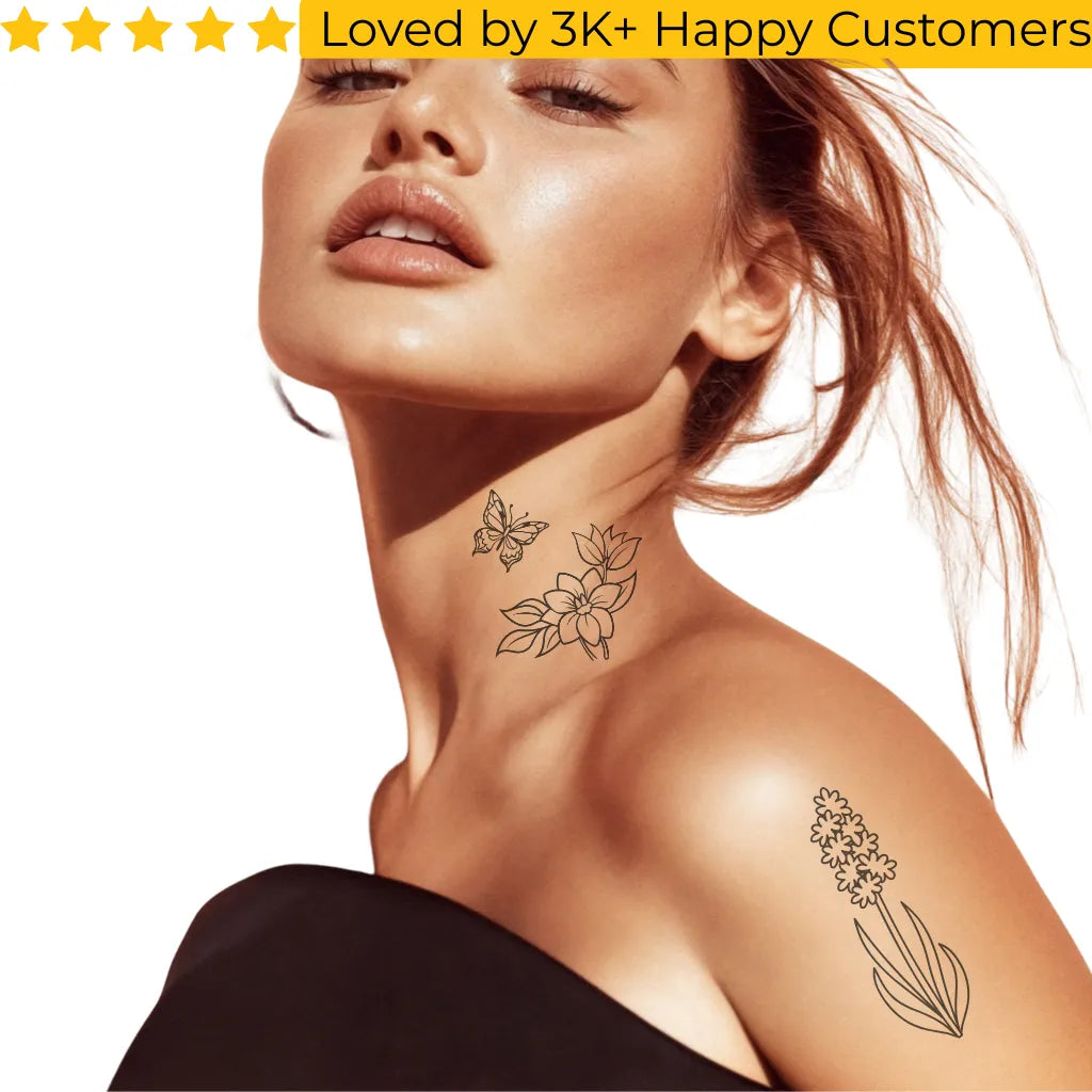 Woman with temporary tattoos on her neck and shoulder against a white background. Affordable and Stylish Fake Tattoos for Every Occasion in Cape Town