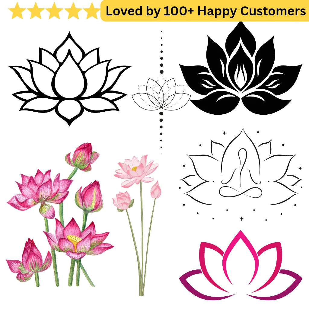Collection of lotus flower designs in various styles and colors on a white background. Elegant Flower Tattoo Lotus for Inner Peace