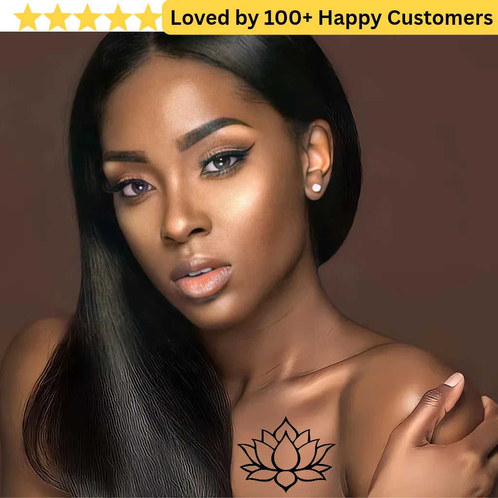 Woman with a lotus flower tattoo on her shoulder, surrounded by text about customer satisfaction. Elegant Flower Tattoo Lotus for Inner Peace