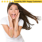Woman with temporary tattoos on her arms, surrounded by text 'Loved by 100+ Happy Customers'. Elegant Flower Tattoo Lotus for Inner Peace