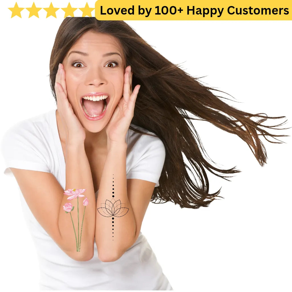 Woman with temporary tattoos on her arms, surrounded by text 'Loved by 100+ Happy Customers'. Elegant Flower Tattoo Lotus for Inner Peace