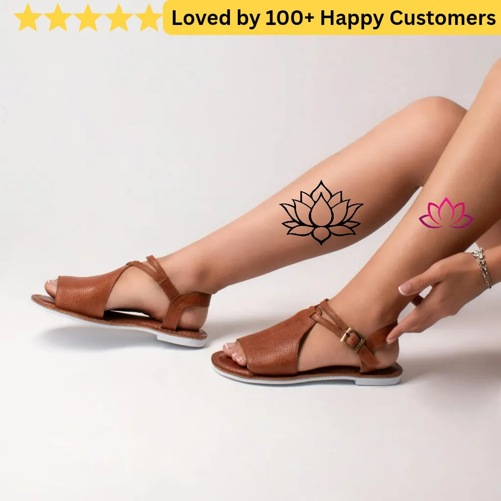 Brown sandals worn by a person with temporary tattoos of lotus flowers on a light background. Elegant Flower Tattoo Lotus for Inner Peace