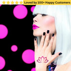 Woman with white hair and pink lipstick showing a temporary tattoo of a lotus flower on her hand against a polka dot background. Elegant Flower Tattoo Lotus for Inner Peace