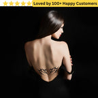 Woman with a back tattoo on a black background, surrounded by text 'Loved by 100+ Happy Customers'. Lower Back Tattoos Womens – Feminine & Flirty