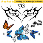 Collection of butterfly designs on a white background with text indicating customer satisfaction. Lower Back Tattoos Womens – Feminine & Flirty