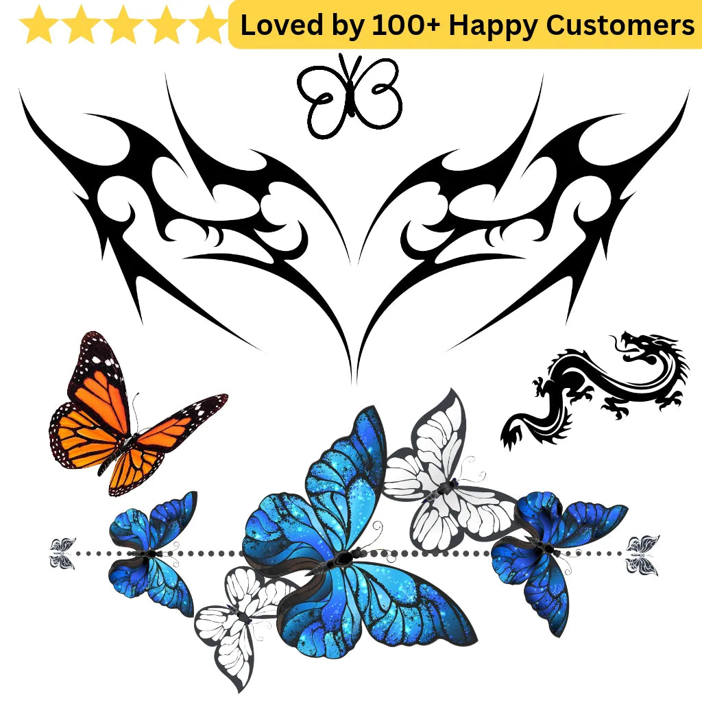 Collection of butterfly designs on a white background with text indicating customer satisfaction. Lower Back Tattoos Womens – Feminine & Flirty