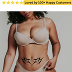 Woman wearing a beige bra with tribal designs on her stomach, surrounded by text about customer satisfaction. Lower Back Tattoos Womens – Feminine & Flirty