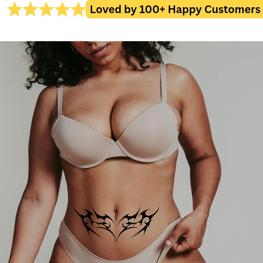 Woman wearing a beige bra with tribal designs on her stomach, surrounded by text about customer satisfaction. Lower Back Tattoos Womens – Feminine & Flirty