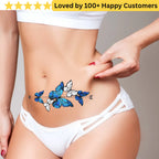 Person wearing white underwear with blue butterfly design on a plain background. Lower Back Tattoos Womens – Feminine & Flirty