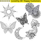 Black and white mandala tattoo designs including butterflies, suns, and moons on a white background.