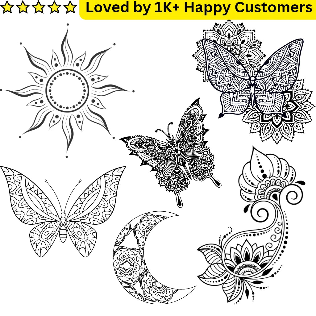 Black and white mandala tattoo designs including butterflies, suns, and moons on a white background.