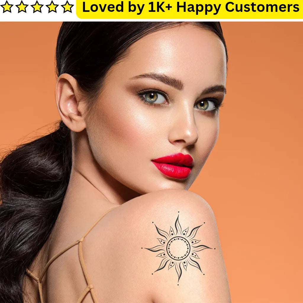 Woman with a sun tattoo on her shoulder against an orange background, with text 'Loved by 1K+ Happy Customers' at the top.