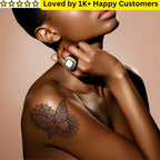 Woman with a butterfly tattoo on her shoulder against a beige background
