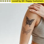 Mandala Tattoo Butterfly tattoo on a person's arm with a gray background and text 'Loved by 1K+ Happy Customers'.
