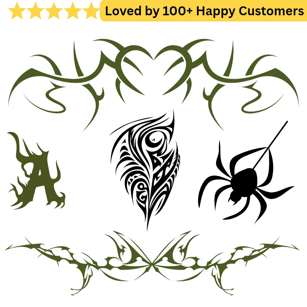 Set of tribal designs including a feather, spider, and leaf-like patterns on a white background.men shoulder tattoos 