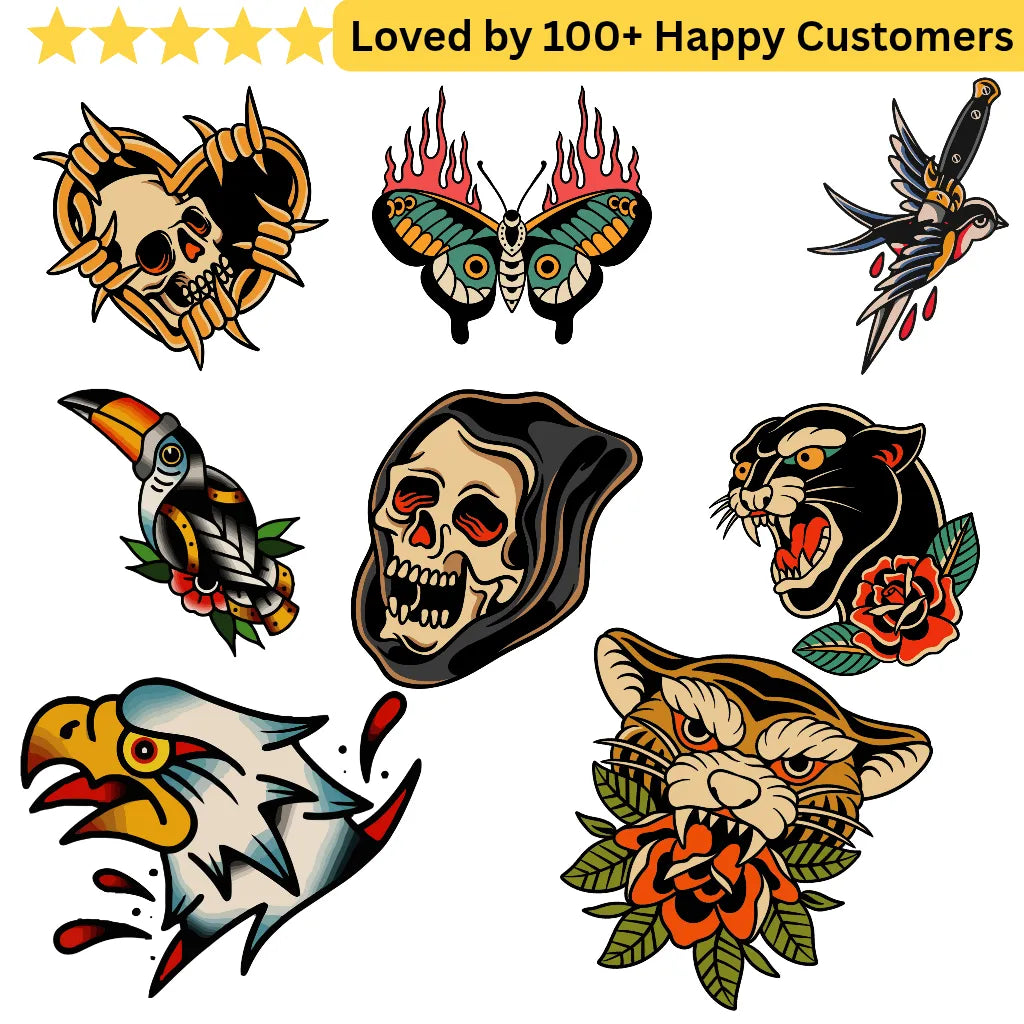 Collection of colorful tattoos featuring skulls, birds, and animals on a white background. Stand Out Strong with a  