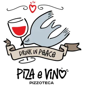 Logo of Pizza e Vino Pizzoteca with a hand holding a wine glass and a banner. Temaro printed their business launch temporary tattoos