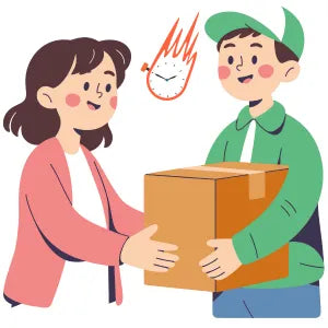 Illustration of a person handing a package to another person with a clock icon above them, symbolizing time. Receive Your Temporary Tattoos Order