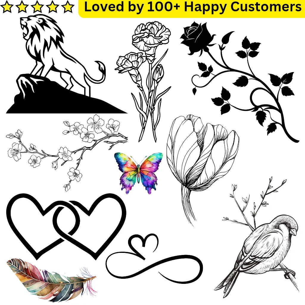 Collection of black line art designs including a lion, flowers, butterfly, heart, and bird on a white background.