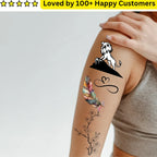 Tattoo designs on a person's arm with text 'Loved by 100+ Happy Customers' at the top.