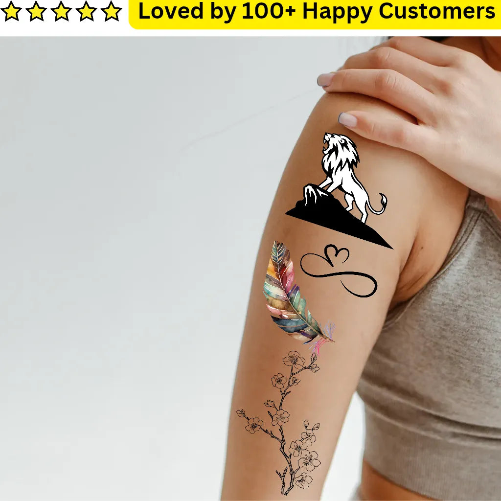 Tattoo designs on a person's arm with text 'Loved by 100+ Happy Customers' at the top.