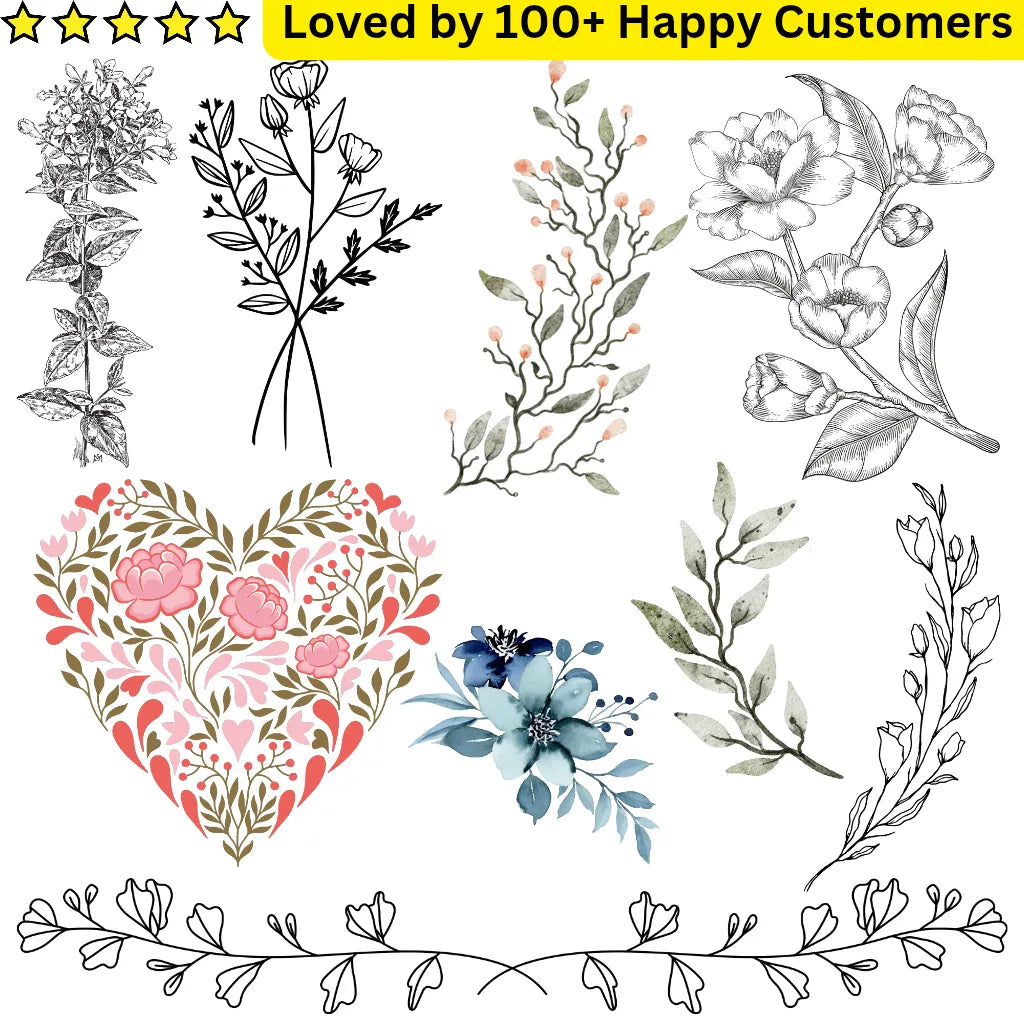 Collection of floral designs including a heart-shaped floral pattern, various branches, and leaves on a white background. Tattoo Ladies Back: Discover the Beauty and Confidence