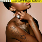 Woman with floral tattoos on her arm, wearing a ring, against a beige background with text 'Loved by 100+ Happy Customers'. Tattoo Ladies Back: Discover the Beauty and Confidence