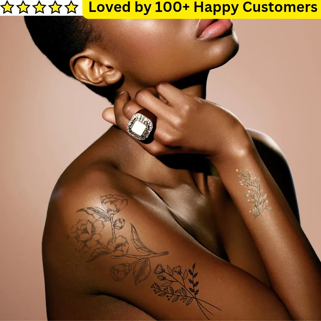 Woman with floral tattoos on her arm, wearing a ring, against a beige background with text 'Loved by 100+ Happy Customers'. Tattoo Ladies Back: Discover the Beauty and Confidence