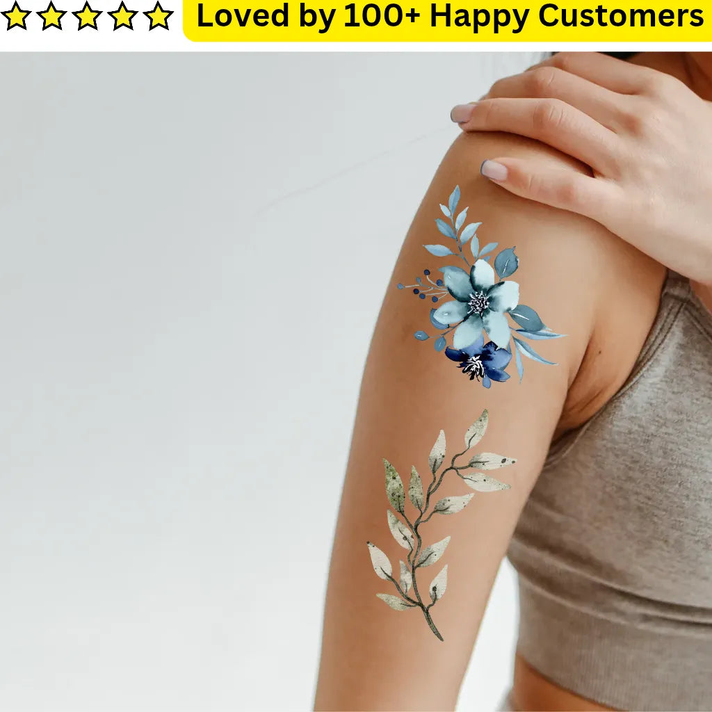 Floral tattoo on a person's arm with a white background and 'Loved by 100+ Happy Customers' text at the top. Tattoo Ladies Back: Discover the Beauty and Confidence