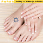 Close-up of feet and hands with a blue sun symbol, on a bamboo mat background. tattoos for ladies feet