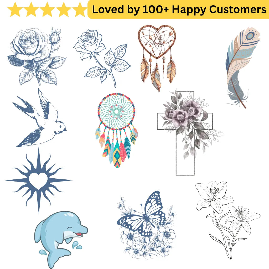 Collection of various temporary tattoos including flowers, a dreamcatcher, and a dolphin on a white background. tattoos for ladies feet