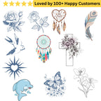 Collection of various temporary tattoos including flowers, a dreamcatcher, and a dolphin on a white background. tattoos for ladies feet