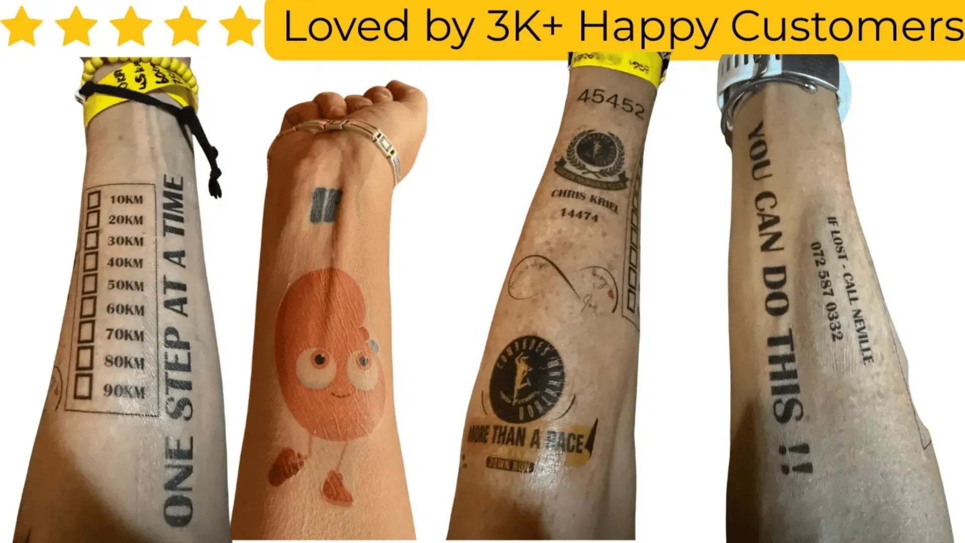 Four bottles with tattoos on a white background, featuring motivational phrases. Why South African Brands and Event Planners Love TeMaRo™ Temporary Tattoos
