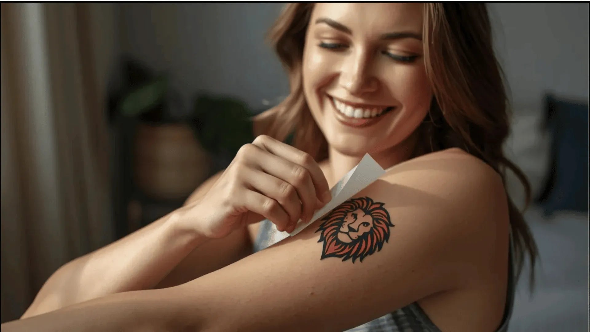 Woman peeling a temporary tattoo of a lion design from her arm. Why South African Brands and Event Planners Love TeMaRo™ Temporary Tattoos